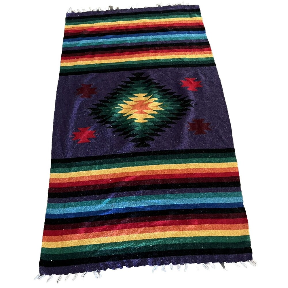 Vintage Mexican Saltillo Blanket Rainbow Woven Rug Serape Southwest Fringe 90s
